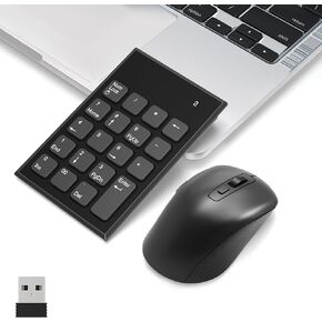 Wireless Number Pad and Mouse, 19 Keys Portable Ultra Slim 2.4GHz 10 Key USB Keypad and 3 Adjustable DPI Silent Mouse Set for Laptop, Notebook, Desktop, PC Computer - Use One USB Receiver