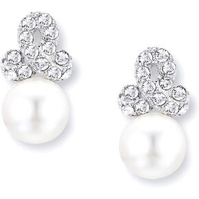 Freshwater Cultured Pearl White Gold Plated CZ Crystal Stud Earring with 10mm Pearl Earrings for Wedding, Bridal Jewelry for Women, brides, bridesmaids