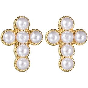 CZ Pearl Cross Stud Earrings for Women Girls Stainless Steel Small 14K Gold Plated Cross Studs Earrings Fashion Ear Jewelry