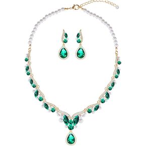 Red Emerald Blue Black Blue Pink Bridal Pearl Necklace Earrings Jewlery Set for Women Wife Bride Birthday Wedding