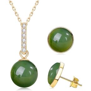 Jade Stud Earrings and Necklace For Women, Natural Real Green Jade 14k Yellow Gold Plated Jade Jewelry Set Gift for Her
