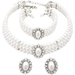 3 Rows Rhinestone Trimmed Simulated Pearl Choker Necklace, Bracelet, Pierced Earring 3 Set