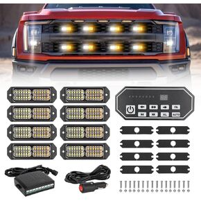 Led Grille Strobe Lights White Amber with Switch, 24-Led Emergency Warning Light Bar Universal Surface Mount, 20 Flashing Mode, for Off Road Vehicle ATVs Truck, 8PC Pack