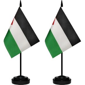 Palestine Desk Flag Set, 2 Pack Palestinian Table Office Flags, Small Mini Desktop Flag With 12" Solid Black Pole, Black Base, Miniature Desktop Flag