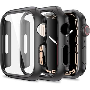 2 Pack Case Compatible for Apple Watch Series 8 Series 7 45mm with Screen Protector, YMHML Hard PC Full Cover Tempered Glass Protective Cover for iWatch 7 Accessories, Black