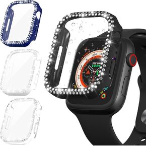 Suoman 4-Pack for Apple Watch 44mm Diamonds Screen Protector Case Series 6/5/4/Series SE 2, for iWatch 44mm Ultra-Thin Tempered Glass+Diamonds Protection Cover (Four Colors for Apple Watch 44mm)