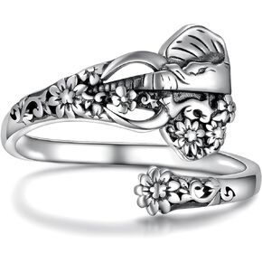 Elephant Spoon Ring for Women - 925 Sterling Silver Vintage Flower Thumb Rings Boho Style Jewelry Statement Gifts for Mom Grandma