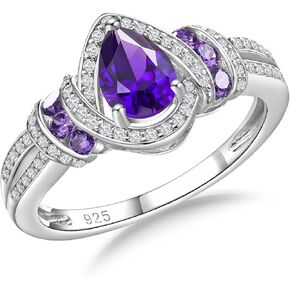 Pear Ring 925 Sterling Silver Created Gemstome Pear Shaped Engagement Ring Split Shank Halo Birthstone Rings for Women Size 6-10 (with Gift Box)