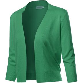 Women's Solid Open Front Soft Stretch 3/4 Sleeve Layer Short Cardigan