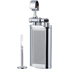 Angled Soft Flame Antique Style Lift Arm Butane Refillable Lighter with Tamper & Pick (Chrome)