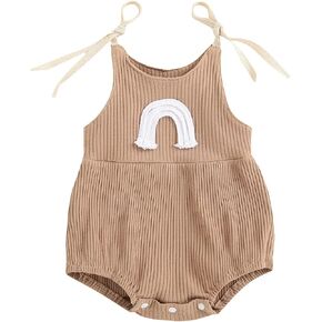 Newborn Baby Girl Sleeveless Romper Summer Clothes Rainbow Pattern Ribbed Romper Bodysuit One Piece Outfit