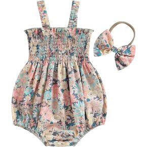 Karwuiio Newborn Infant Baby Girl Summer Clothes Sleeveless Flower Print One Piece Jumpsuit Romper with Headband