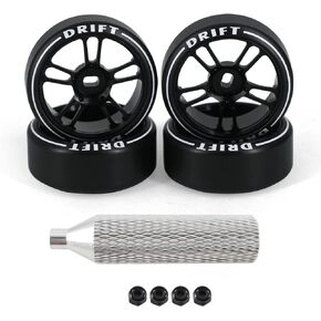 4Pcs 10 Spoke 22.4mm 1/28 Rc Car Drift Wheel Hub with Logo Rc Car Drift Tires,[2N+2W] Durable for 1/28 Mini-Q HGD1 Mini-Z DRZ Wltoys K969 RC Drift Car Upgrade Parts (Black)