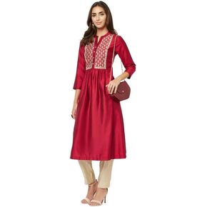 Indian Women's Cotton Kurta, Front Embroidery Tunic Kurti V Neck 3/4 Sleeve, Flared Midi length Casual Kurta for Women