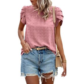 PRETTYGARDEN Women's Summer Chiffon Swiss Dot Casual Tops Round Neck Ruffle Short Sleeve Loose Fit Tunic T Shirt (Pink, Small)