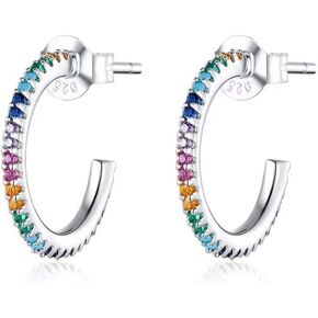 Rainbow Cubic Zirconia Stud Earrings Semi-Circular 925 Sterling Silver Fine Arc Simple Style Stud Earrings as Gifts for Girls and Women