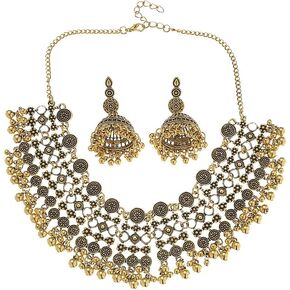 Chargances Indian Jhumka Jhumki Necklace Bollywood Wedding Traditional Bell Beaded Choker Necklace for Women Girls Bridal Halloween (Gold)