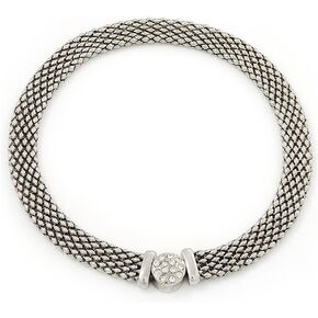 Rhodium Plated Mesh Choker With Diamante Magnetic Clasp - 40cm Length