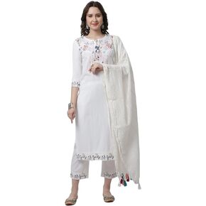 Rajnandini Indian Women's Pure Cotton Hand Work Kurta Set With Pant & Dupatta (JOPLJPR818D-P_Off-White)