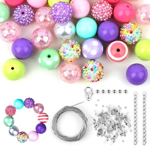 100PCS Chunky Bubblegum Beads 20mm, Colorful Large Gumball Rhinestone Pearl Bead Loose Beads with Spacers, Beading Wire, Round Bubble Gum Beads for Pens Jewelry Bracelet Necklace Making Crafts in Kuwait