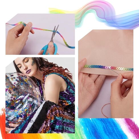 PH PandaHall 100 ياردة بريق Paillettes الترتر، 6 مم لمعة الترتر المسطح الخياطة Paillette شقة الترتر تقليم قوس قزح الترتر سلسلة لفة الشريط لحرف حورية البحر، الزينة، زي الهالوين in Saudi Arabia