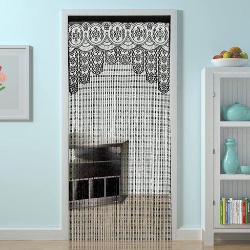 ستارة دانتيل للخصوصية للباب من Macrame Boho ستائر نافذة المدخل لمقسم الجدار وأغطية أبواب النوافذ وفصل الغرف المزخرفة (35 × 79 بوصة/90 × 200 سم، أسود) in Kuwait