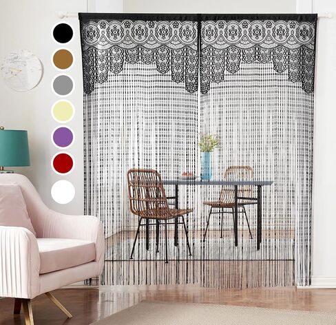 ستارة دانتيل للخصوصية للباب من Macrame Boho ستائر نافذة المدخل لمقسم الجدار وأغطية أبواب النوافذ وفصل الغرف المزخرفة (35 × 79 بوصة/90 × 200 سم، أسود) in Kuwait