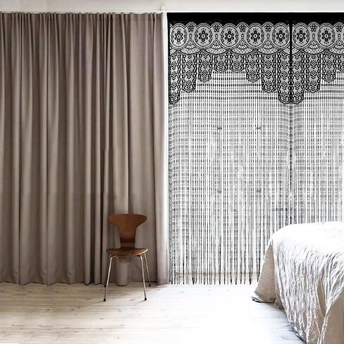 ستارة دانتيل للخصوصية للباب من Macrame Boho ستائر نافذة المدخل لمقسم الجدار وأغطية أبواب النوافذ وفصل الغرف المزخرفة (35 × 79 بوصة/90 × 200 سم، أسود) in Kuwait