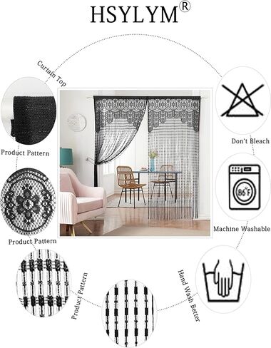 ستارة دانتيل للخصوصية للباب من Macrame Boho ستائر نافذة المدخل لمقسم الجدار وأغطية أبواب النوافذ وفصل الغرف المزخرفة (35 × 79 بوصة/90 × 200 سم، أسود) in Kuwait