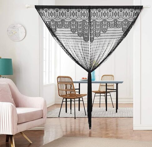 ستارة دانتيل للخصوصية للباب من Macrame Boho ستائر نافذة المدخل لمقسم الجدار وأغطية أبواب النوافذ وفصل الغرف المزخرفة (35 × 79 بوصة/90 × 200 سم، أسود) in Kuwait