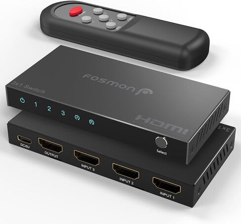 محول Fosmon 3 منافذ HDMI 8K مع جهاز تحكم عن بعد، يدعم 8K@60 هرتز 4K@120 هرتز HDR10+ HDCP 2.3 سرعة عالية 48 جيجابت في الثانية 3 في 1 مخرج تلقائي 3x1 HDMI 2.1 موزع مقسم محول متوافق مع PS5 وXbox X وApple TV in Saudi Arabia