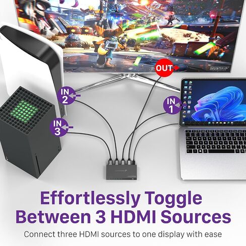 محول Fosmon 3 منافذ HDMI 8K مع جهاز تحكم عن بعد، يدعم 8K@60 هرتز 4K@120 هرتز HDR10+ HDCP 2.3 سرعة عالية 48 جيجابت في الثانية 3 في 1 مخرج تلقائي 3x1 HDMI 2.1 موزع مقسم محول متوافق مع PS5 وXbox X وApple TV in Saudi Arabia
