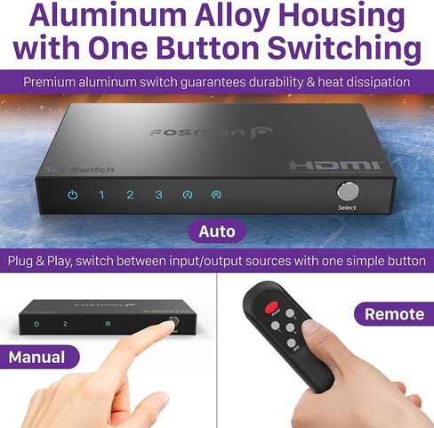 محول Fosmon 3 منافذ HDMI 8K مع جهاز تحكم عن بعد، يدعم 8K@60 هرتز 4K@120 هرتز HDR10+ HDCP 2.3 سرعة عالية 48 جيجابت في الثانية 3 في 1 مخرج تلقائي 3x1 HDMI 2.1 موزع مقسم محول متوافق مع PS5 وXbox X وApple TV in Saudi Arabia