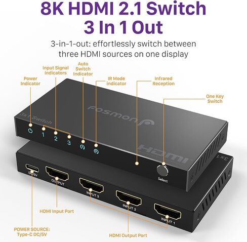 محول Fosmon 3 منافذ HDMI 8K مع جهاز تحكم عن بعد، يدعم 8K@60 هرتز 4K@120 هرتز HDR10+ HDCP 2.3 سرعة عالية 48 جيجابت في الثانية 3 في 1 مخرج تلقائي 3x1 HDMI 2.1 موزع مقسم محول متوافق مع PS5 وXbox X وApple TV in Saudi Arabia