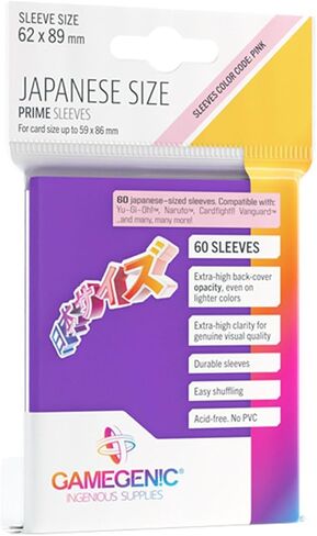 Prime Japanese Size Card Sleeves | 60 Pack of 62 mm by 89 mm Card Sleeves | Premium Quality Card Game Holder | Use with TCG and LCG Games | Purple Color | Made by Gamegenic in Saudi Arabia
