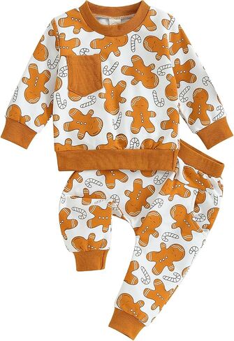Christmas Outfit 0 3 6 9 12 18 24Months 2t 3t Toddler Baby Girl Boy Clothes Floral Xmas Cookie Sweatshirt Top+Pants Set in Saudi Arabia