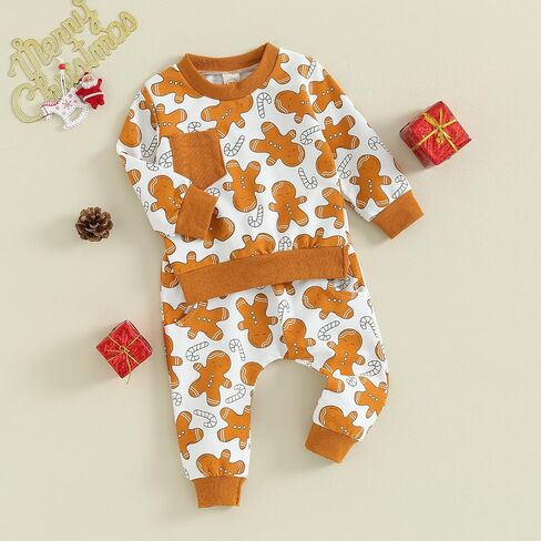 Christmas Outfit 0 3 6 9 12 18 24Months 2t 3t Toddler Baby Girl Boy Clothes Floral Xmas Cookie Sweatshirt Top+Pants Set in Saudi Arabia