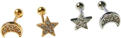 Cute Mini Moon Star Cartilage Tragus Screw Back Stud Earrings for Women Teen Girls Sterling Silver Asymmetrical CZ Crystal Earring Ear Piercing Cubic Zirconia Studs Hypoallergenic Jewelry in Saudi Arabia