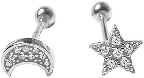 Cute Mini Moon Star Cartilage Tragus Screw Back Stud Earrings for Women Teen Girls Sterling Silver Asymmetrical CZ Crystal Earring Ear Piercing Cubic Zirconia Studs Hypoallergenic Jewelry in Saudi Arabia