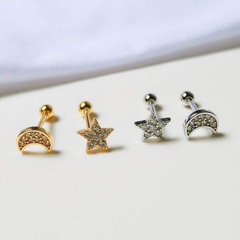 Cute Mini Moon Star Cartilage Tragus Screw Back Stud Earrings for Women Teen Girls Sterling Silver Asymmetrical CZ Crystal Earring Ear Piercing Cubic Zirconia Studs Hypoallergenic Jewelry in Saudi Arabia