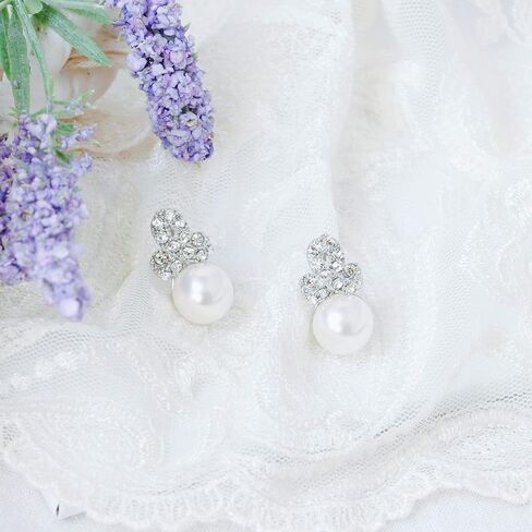 Freshwater Cultured Pearl White Gold Plated CZ Crystal Stud Earring with 10mm Pearl Earrings for Wedding, Bridal Jewelry for Women, brides, bridesmaids in Saudi Arabia