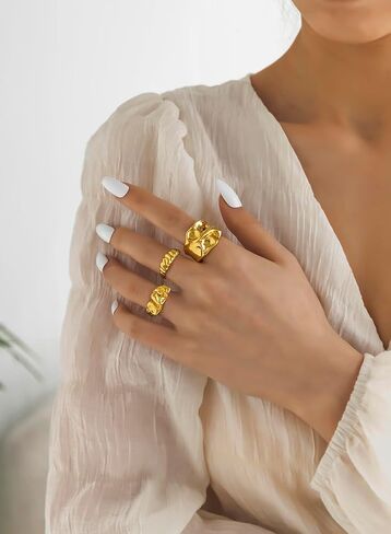 3PCS Chunky Gold Rings Adjustable Irregular Textured Statement Rings Open Chunky Silver Rings Thick Geometric Rings for Women Minimalist Simple Rings in Saudi Arabia