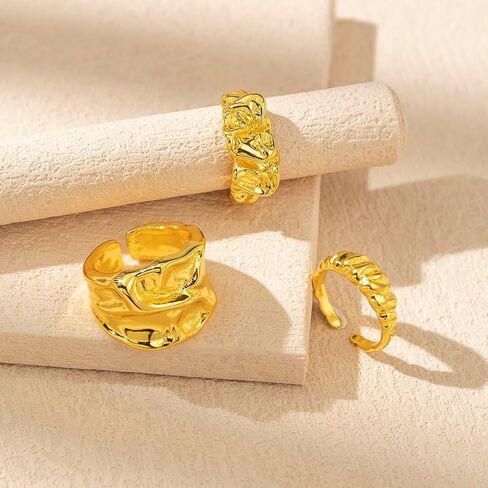 3PCS Chunky Gold Rings Adjustable Irregular Textured Statement Rings Open Chunky Silver Rings Thick Geometric Rings for Women Minimalist Simple Rings in Saudi Arabia