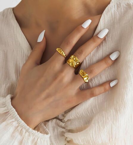 3PCS Chunky Gold Rings Adjustable Irregular Textured Statement Rings Open Chunky Silver Rings Thick Geometric Rings for Women Minimalist Simple Rings in Saudi Arabia