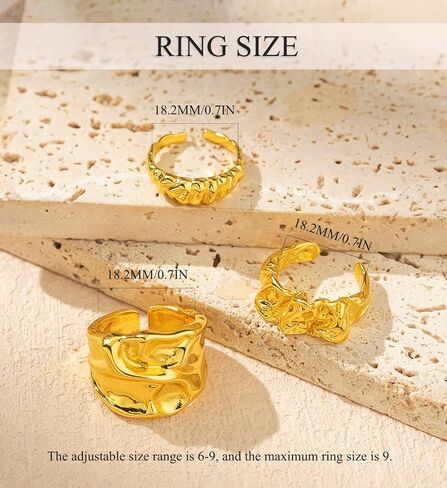 3PCS Chunky Gold Rings Adjustable Irregular Textured Statement Rings Open Chunky Silver Rings Thick Geometric Rings for Women Minimalist Simple Rings in Saudi Arabia
