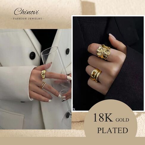 3PCS Chunky Gold Rings Adjustable Irregular Textured Statement Rings Open Chunky Silver Rings Thick Geometric Rings for Women Minimalist Simple Rings in Saudi Arabia