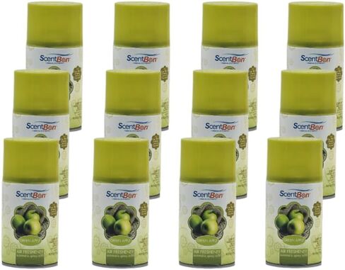 Air Freshener Refill Metered Aerosol Can, Cinnamon, Fresh Linen, Green Apple, Mango, Ocean, Vanilla, Pack of 12 (12, Green - Green Apple Scent) in Kuwait