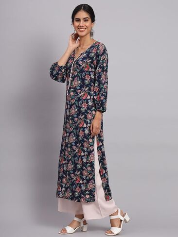 Tissu Women's Navy Blue & Green Floral Printed Kurta with Palazzo in Saudi Arabia