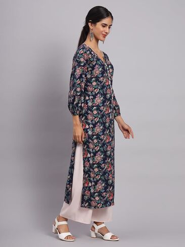 Tissu Women's Navy Blue & Green Floral Printed Kurta with Palazzo in Saudi Arabia