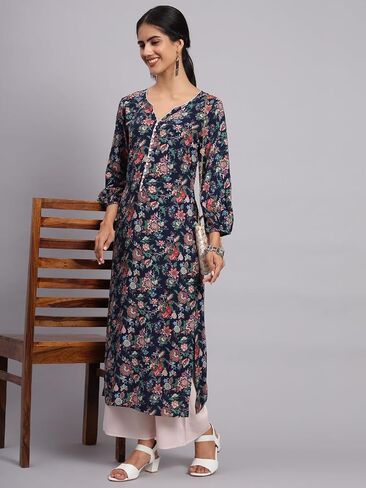 Tissu Women's Navy Blue & Green Floral Printed Kurta with Palazzo in Saudi Arabia
